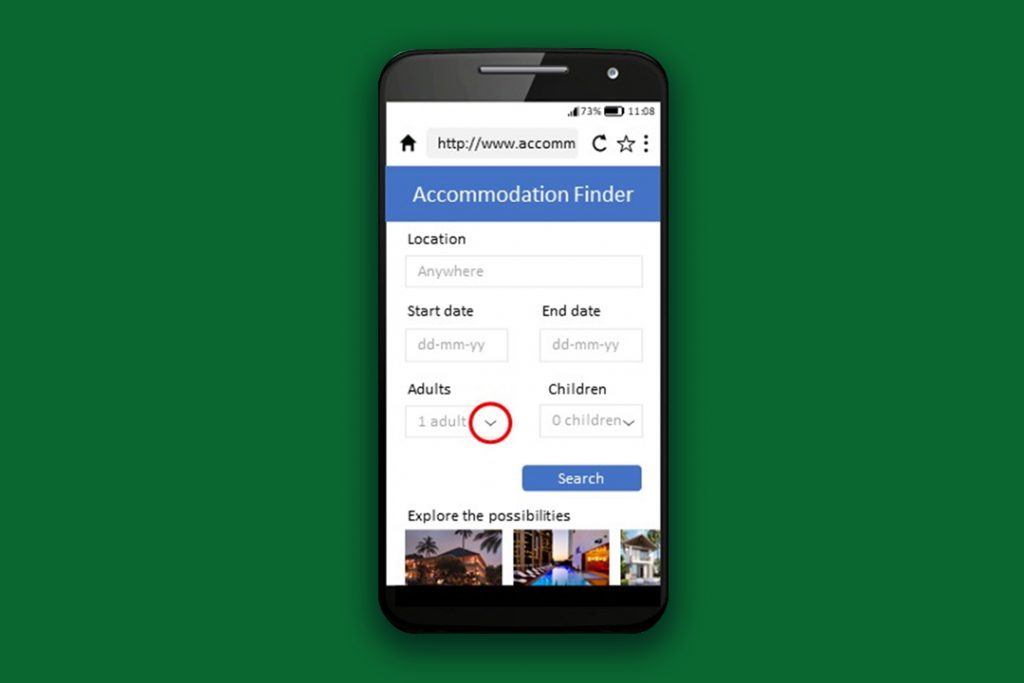 Mock-up of an accommodation finder website on a smartphone. The down arrow next to “one adult” is circled to indicate that this is the place to tap if the user wants to change the number of adults in the search for accommodation.